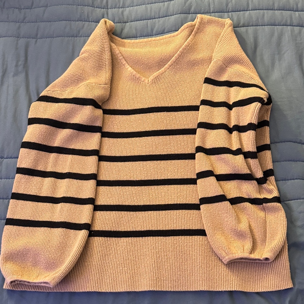 Striped V-Neck Sweater - Cream and Black